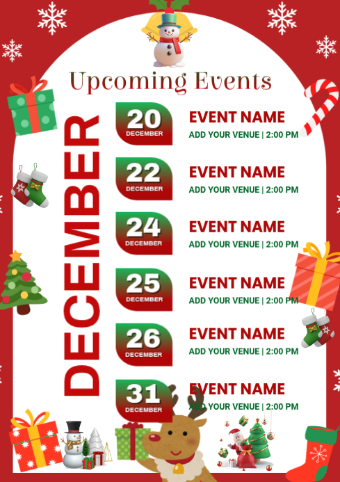 White List-based December Upcoming Events Calendar A4 Template ...