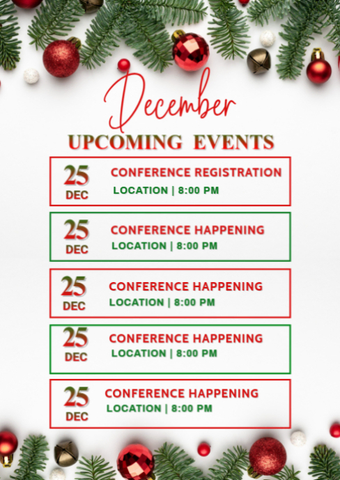White List-based December Upcoming Events Calendar A6 Template ...