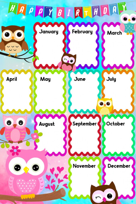 White List-based Editable Owl Themed Classroom Birthday Chart Poster template