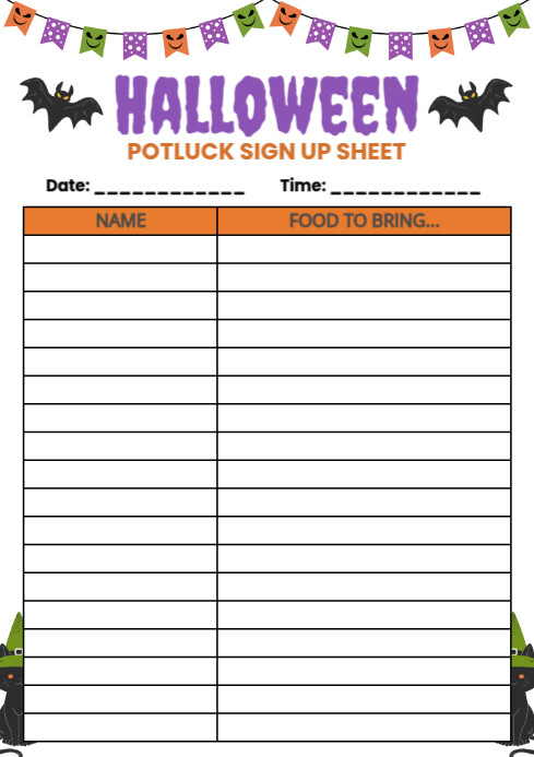 White List-based Halloween Potluck Sign Up Sheet  A4 template