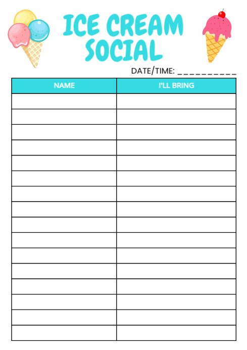 White List-based Ice Cream Social Sign Up Sheet  A4 template
