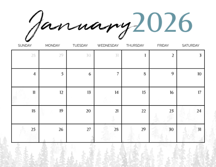 White List-based January 2026 Calendar Winter Flyer (us Letter) template