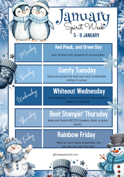 White List-based January School Spirit Week A4 template