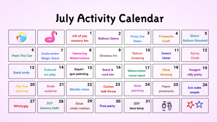 White List-based July Activities Calendar  Presentation (16:9) template