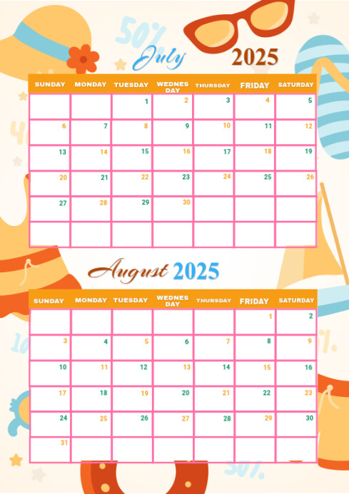 Plantilla de White List-based July August Calendar A4 | PosterMyWall