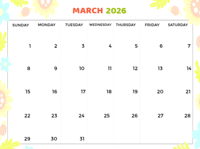 White List-based March 2026 Calendar Presentation Presentasi template