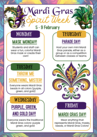 White List-based Mardi Gras School Spirit Week A6 template
