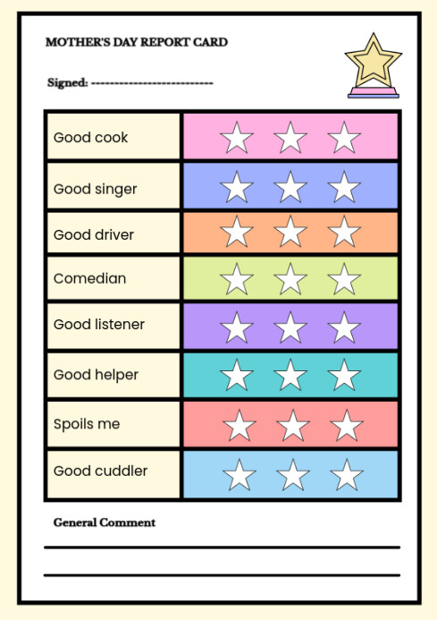 White List-based Mother’s Day Report Card In Colorful Star Illustrations A4 template