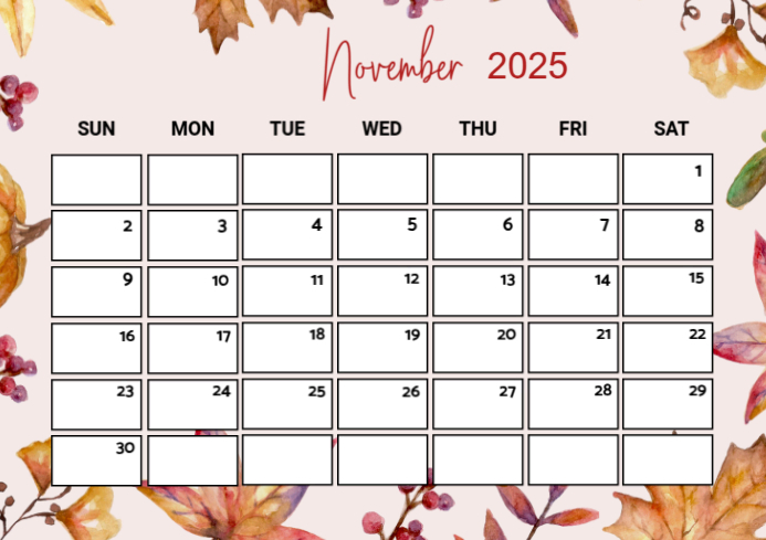 White List-based November Calendar  A4 template