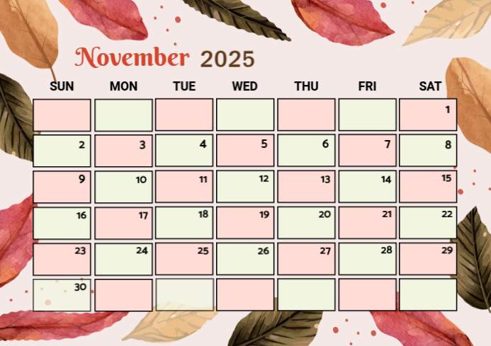 White List-based November Calendar  A4 template
