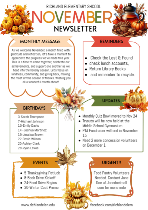 White List-based November Classroom Newsletter A4 template
