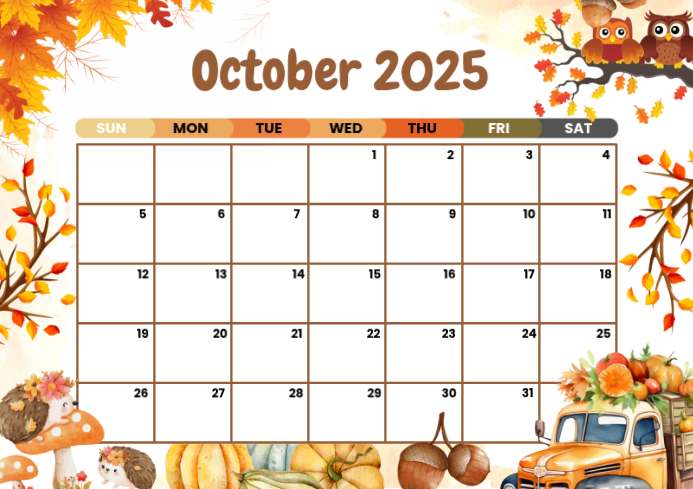 White List-based October 2025 Calendar  A4 template