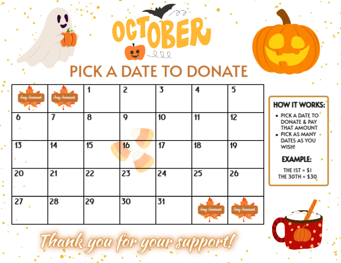 White List-based October Pick A Date Donation Calendar  Flyer (us Letter) template