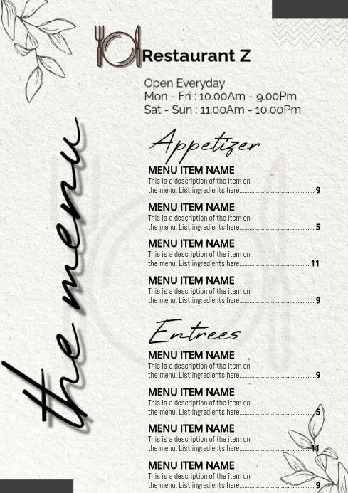 White List-based Restaurant Menu A4 template
