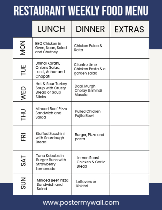 White List-based Restaurant Weekly Food Menu Card Flyer (us Letter) template