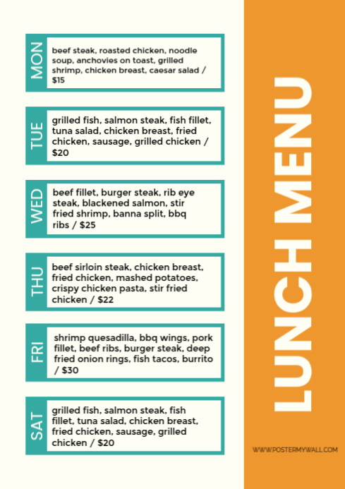 White List-based Restaurant Weekly Food Menu A4 template