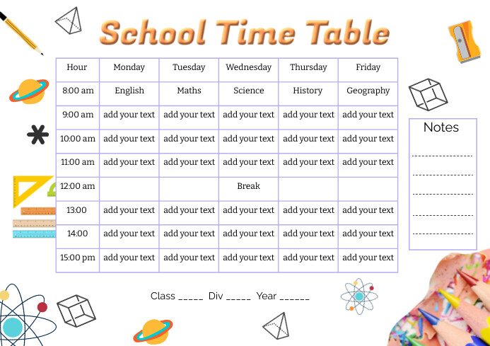 School Timetable View White List-based School Time Table For Kids/ Template | PosterMyWall