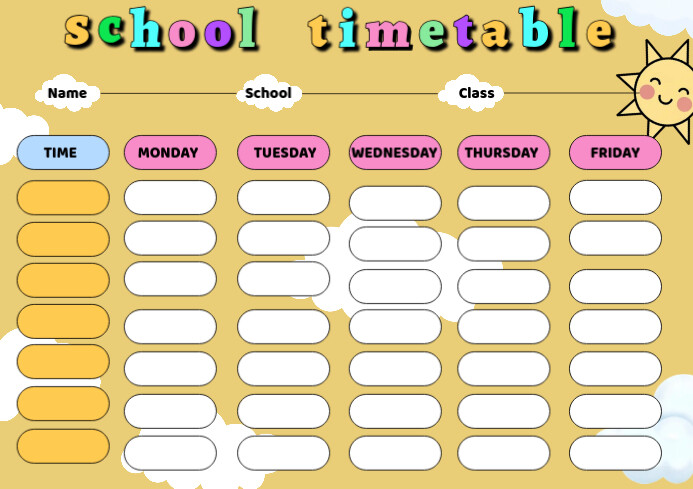 Timetable A4 White list based school timetable template | PosterMyWall