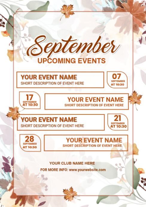 White List-based September Upcoming Events Calendar A6 Template ...