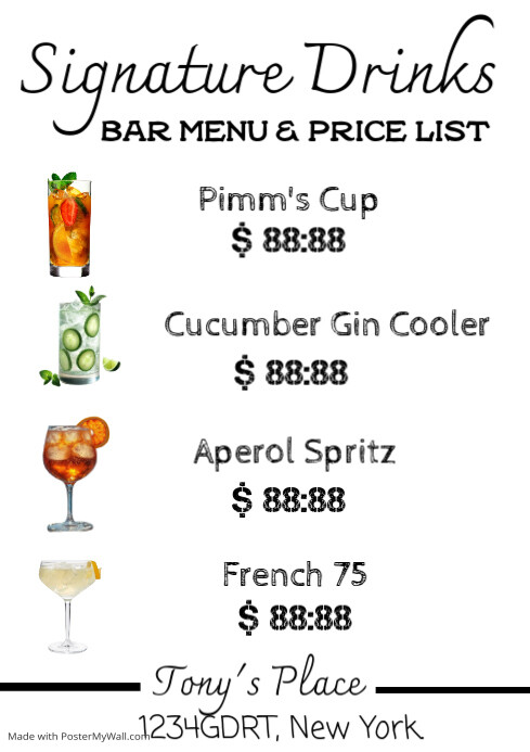 White List-based Signature Drinks: Bar Menu & Price List  A4 template