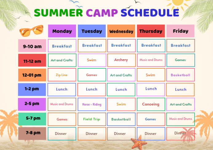 Summer Program Table White List-based Summer Camp Schedule A4 Template | PosterMyWall
