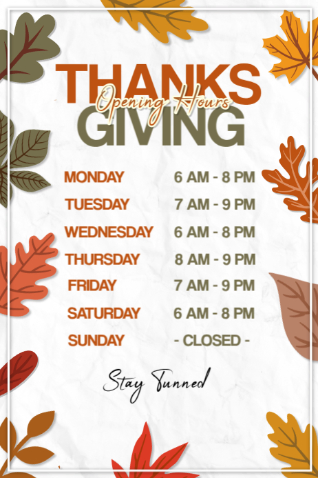 White List-based Thanksgiving Opening Hours Poster Plakat template