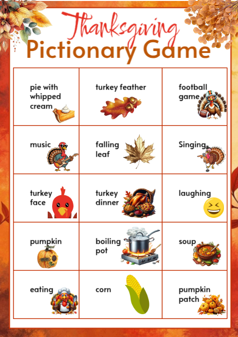 White List-based Thanksgiving Pictionary Game A4 template