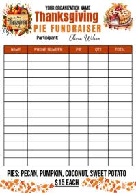 White List-based Thanksgiving Pie Fundraiser Order Form A4 template
