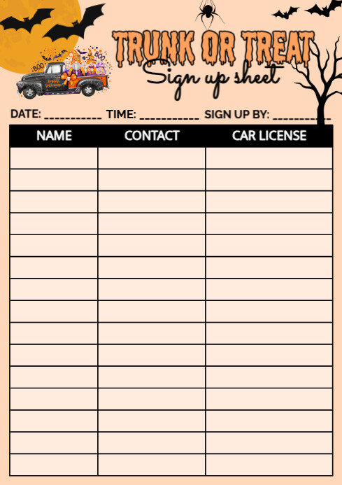 White List-based Trunk Or Treat Sign Up Sheet  A4 template