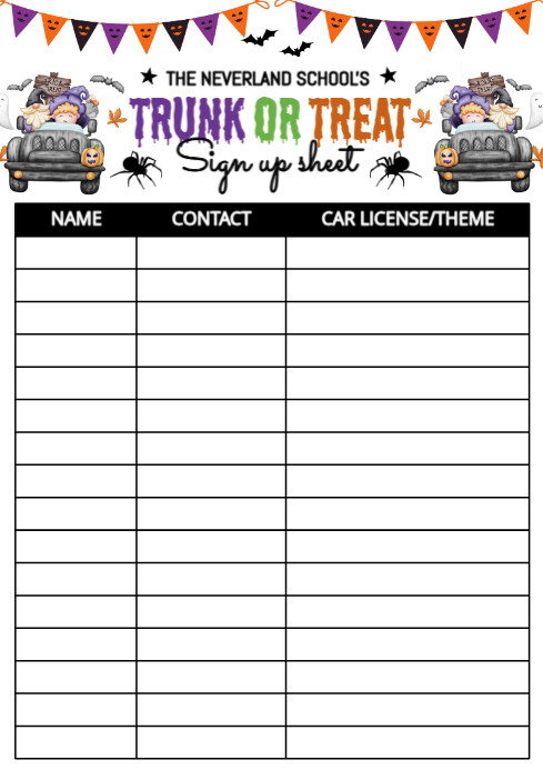White List-based Trunk Or Treat Sign Up Sheet  A4 template
