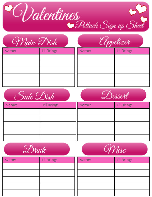 White List-based Valentines Potluck Sign Up Sheet Flyer (us Letter ...