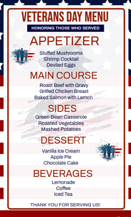 White List-based Veterans Day Menu Template Design Us Legal