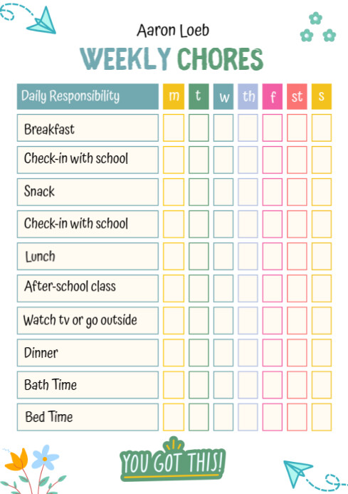 White List-based Weekly Chores Chart A4 template