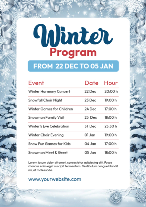 Winter Timetable White List-based Winter Schedule A6 Template | PosterMyWall