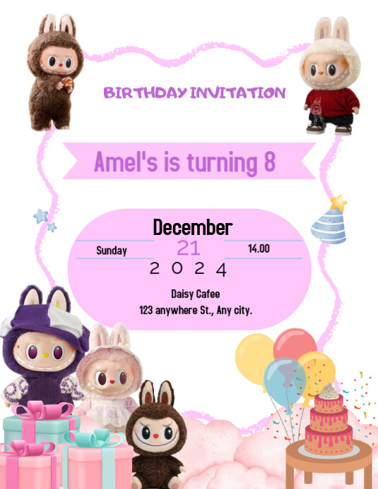 White Maksimalis Labubu Birthday Invitation. Birthday Celebration