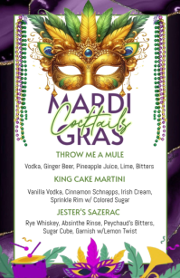 White Mardi Gras Cocktails menu Half Page Wide template