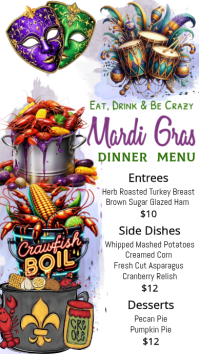 White Mardi Gras Dinner Menu Digital Display template