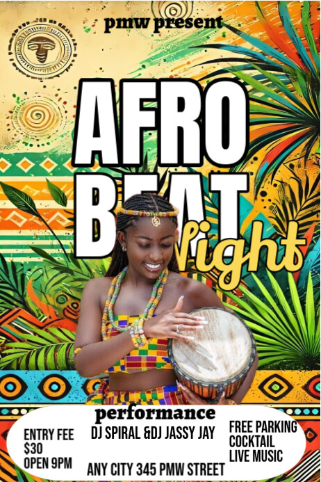 Plantilla de White Maximalist Afro Beat Night Party Flyer Poster ...