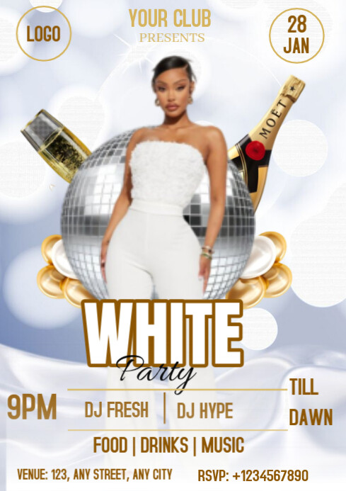 White Maximalist All White Party A4 Template | PosterMyWall