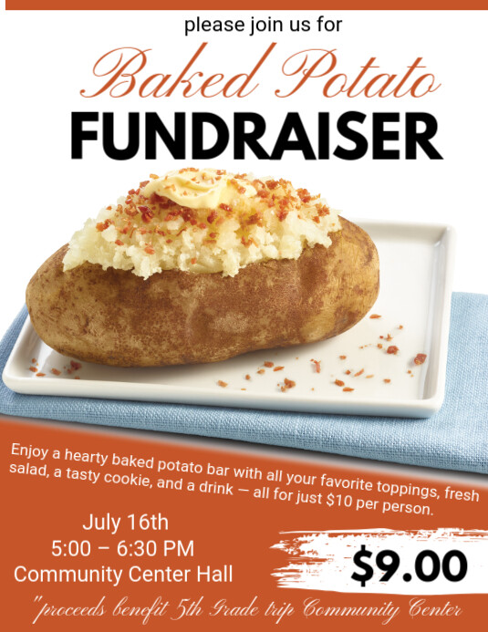 White Maximalist Baked Potato Fundraiser Flyer (us Letter) Pamflet (VSA Brief) template