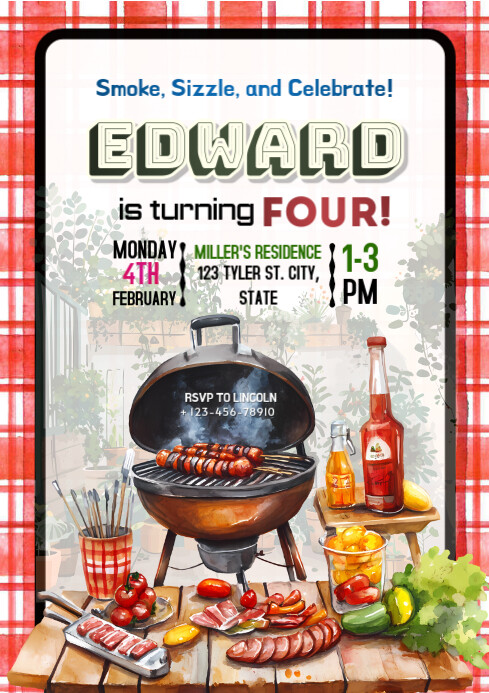 White Maximalist Bbq Birthday Invitation A4 template