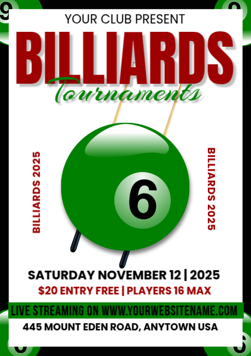 White Maximalist Billiards Tournaments Game A4 template