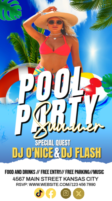 White Maximalist Blue Maximalist pool party summer Digital Display (9:16) template