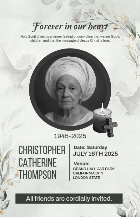 White Maximalist Burial Invitation Announcement Template Tabloid Poniekoerant
