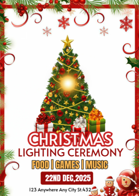 White Maximalist Christmas Lighting Ceremony A6 Template | PosterMyWall