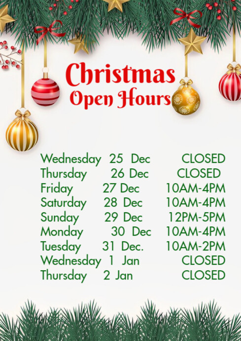 White Maximalist Christmas Open Hours A4 template