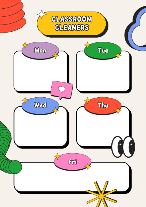 White Maximalist Colorful Classroom Cleaners Chart Template – Weekly ...