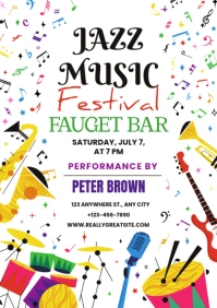 White Maximalist Colorful Illustrated Playful Jazz Music Festival Invitation Poster A2 template