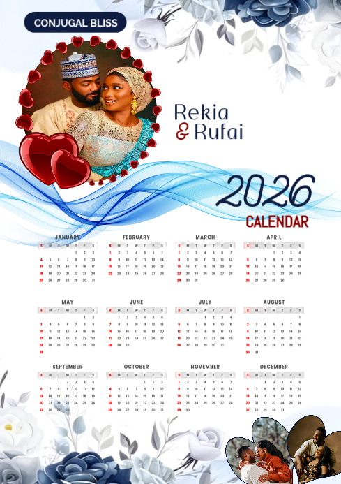 White Maximalist Couple 2026 Calendar A4 Template | PosterMyWall