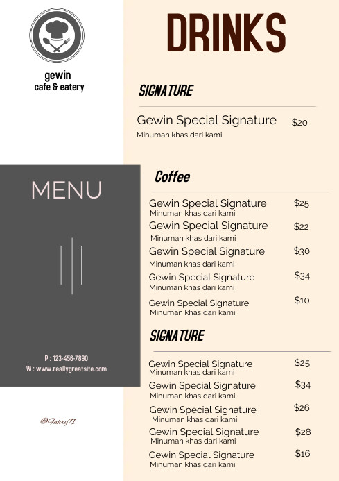 White Maximalist Drinks Menu A4 template